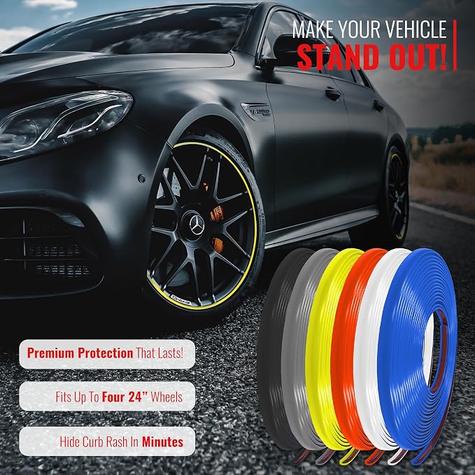 PROTECTiQ Universal Wheel Protection - Trim Easy to Apply with Automotive 3M Tape. 6 Colors - Fits Up to 24" Rims - Including Tesla - Yellow
