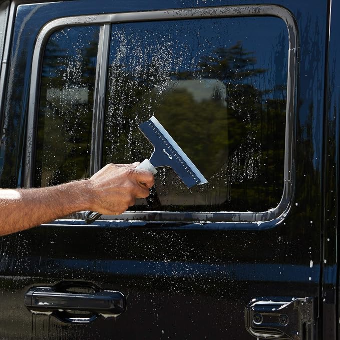 All-Purpose Window Squeegee with Handle for Car Windshield, Shower, Glass, Mirror Cleaning, Silicone Rubber Blade, Streak-Free Results, Lightweight, Black, 8-inch