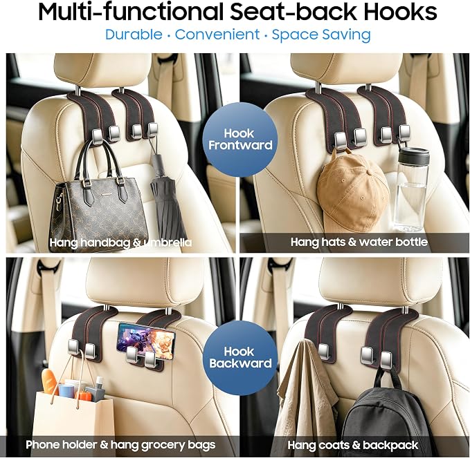 Car Headrest Hooks, Premium Suede with Metal Car Seat Back Storage Hooks for Handbag Coats Umbrella Backpack - 4 Pack, Black
