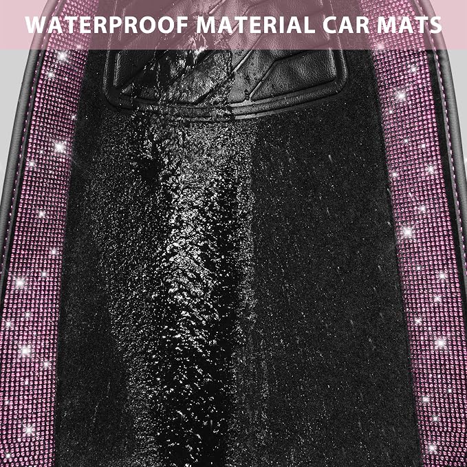 Bling Diamond Car Floor Mat Shining Rhinestones Carpet, Sparkly Glitter Crystal Anti-Slip PVC Heel Pad Automotive Universal Fit for SUV Sedan Car Van, 4pcs for Girl Cute Women, Black Pink