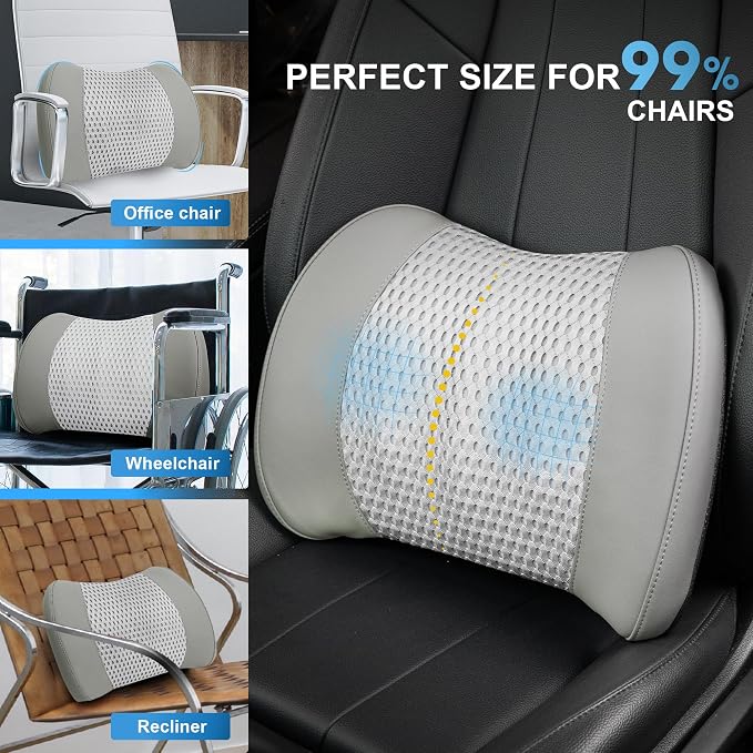 Lumbar Support Pillow for Car, Car Seat Back Support for Driving | Memory Foam Car Lumbar Support for Driving, Car Back Cushion, Adjustable Straps, Lower Back Pillow, Breathable 4D Mesh, Gray