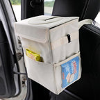 AOKJOY Car Garbage can with lid Leak Proof Vehicle Trash Can 3 Storage Pockets Hanging Waterproof car Trash Bag for SUV Beige