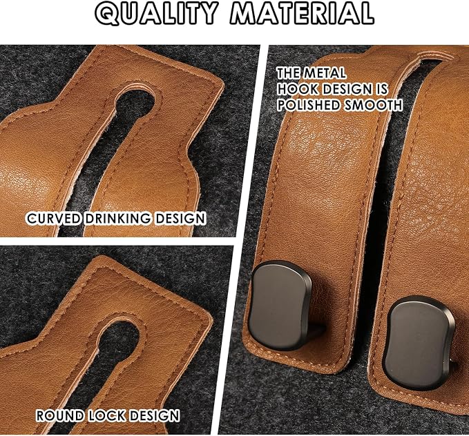 KINIVA Car Seat Headrest Storage Hooks, Set of 2, Suede PU Leather, Double Hooks (06-Brown)