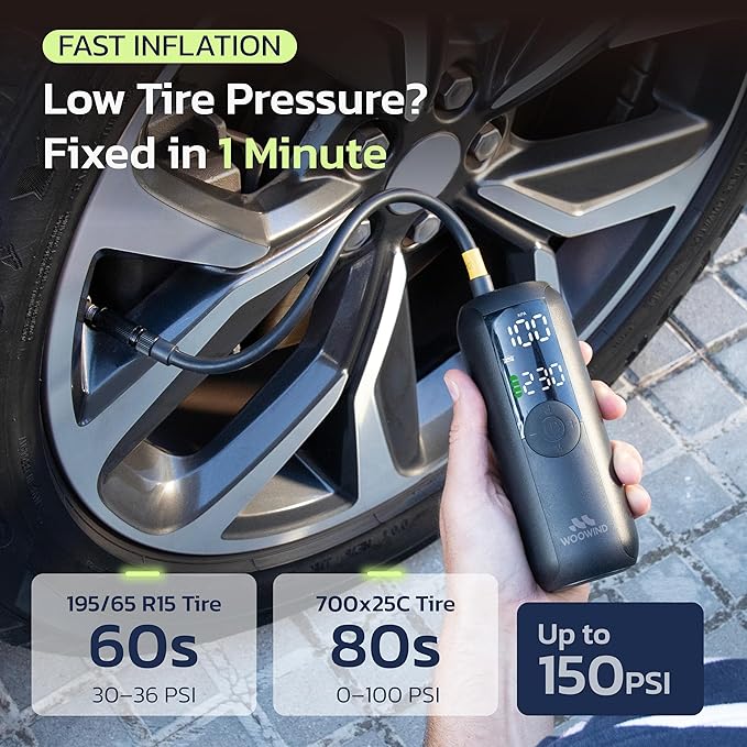 LP1 Bike Pump Portable Air Compressor, Tire Inflator for Car, 1 Minute Inflation, 150PSI Air Pump for Car Tires, Bikes, Motorcycles, Balls - with Digital Pressure Gauge
