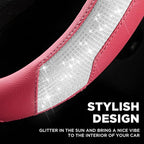 Steering Wheel Cover, Sparkly Crystal Bling Glitter with Hot Pink Leather, Universal Fit 14.5"-15.5" Car Steering Wheels for Girls & Women, Breathable Anti-Slip Steering Wheels Cover