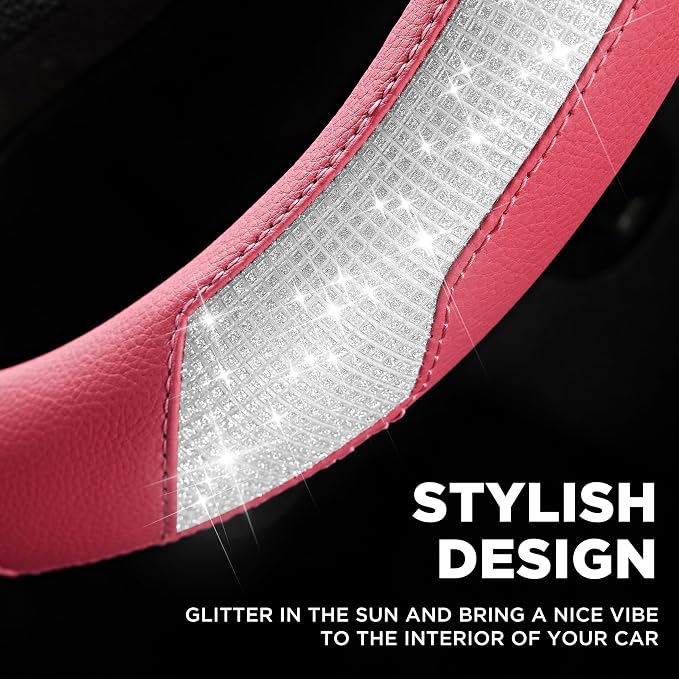 Steering Wheel Cover, Sparkly Crystal Bling Glitter with Hot Pink Leather, Universal Fit 14.5"-15.5" Car Steering Wheels for Girls & Women, Breathable Anti-Slip Steering Wheels Cover
