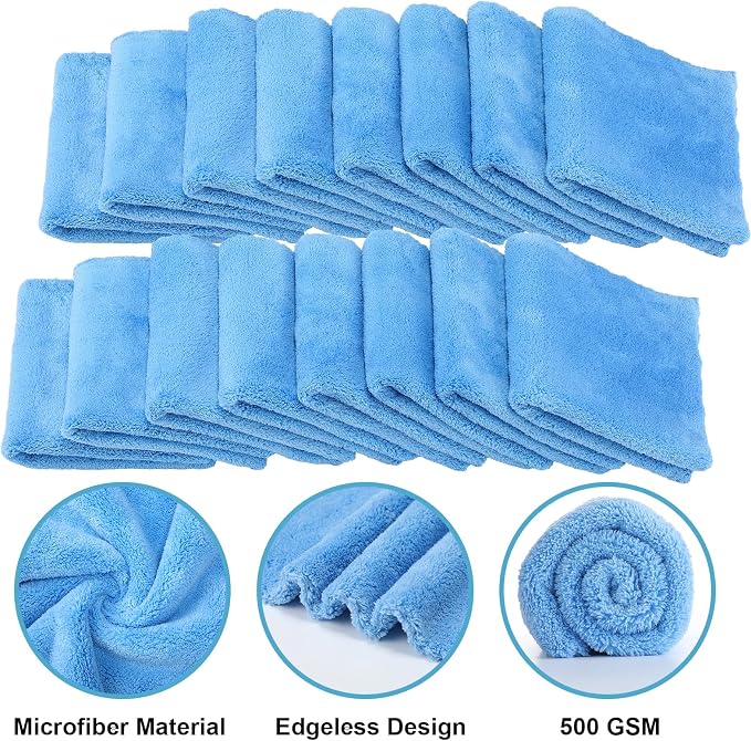 30 Pcs 12.5 × 12.5 Inch Edgeless Microfiber Plush Towels for Cars Detailing Drying Wash Polishing Absorbent Cleaning Cloths, 500 GSM (Light Blue)