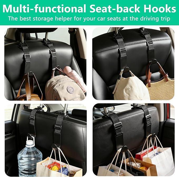 Adjustable Car Headrest Hooks, 4 Pack Universal Fit Vehicle Seat Back Organizer Hanger for Purse, Bags & Groceries, Black