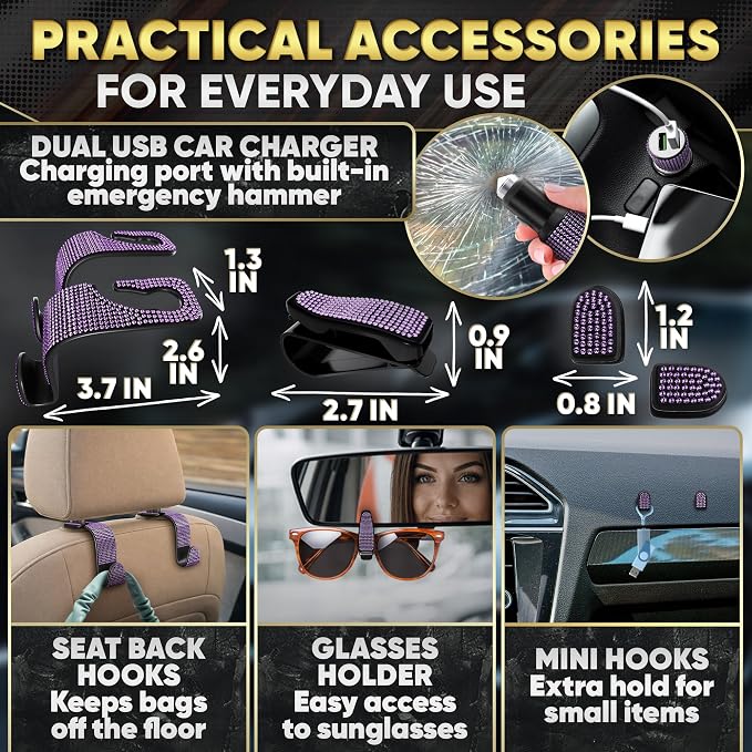 Purple Car Accessories Set, 27 Pieces – Bling Car Accessories for Women, Steering Wheel Cover, Rearview Mirror, Air Vent, Dashboard and Console Rhinestone Decor - Universal Fit Interior Styling Kit