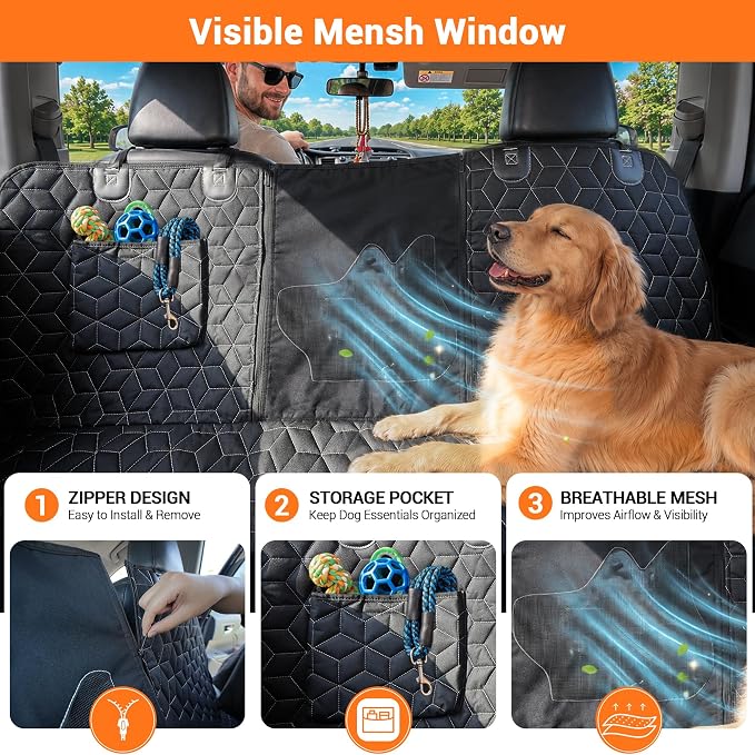 Dog Car Seat Cover for Back Seat, 56" Waterproof Dog Car Hammock with Mesh Window and Side Flaps, 600D Oxford Fabric Pet Seat Protector for Cars, SUVs & Mid-Size Trucks, Black