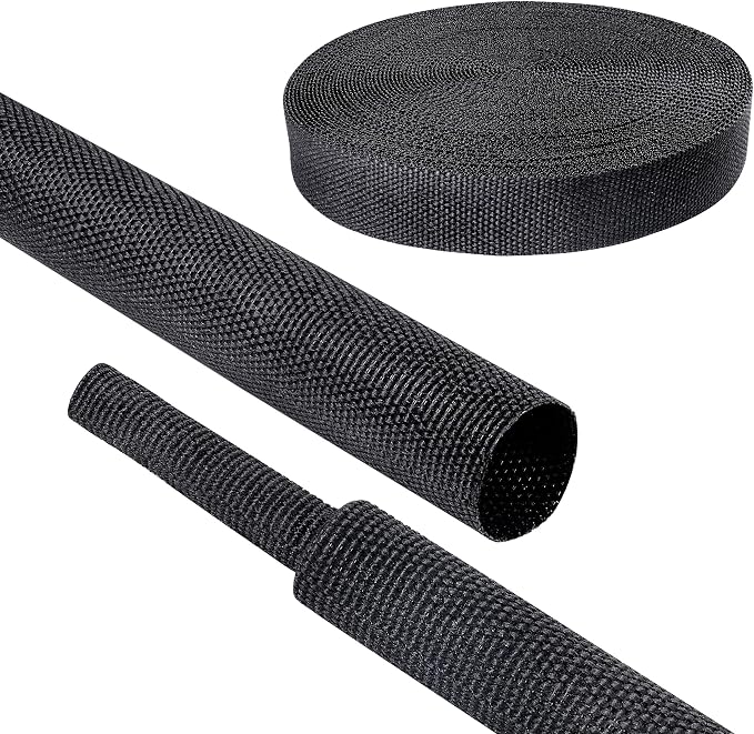 Black 2:1 Ratio Automotive Heat Shrink Braided Sleeving,Wear-Resistant Flat Woven Shrinkable Sleeve Fabric Car Cable Wires Hoses Protection (1/2"-26ft)