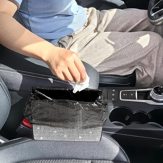 Bling Car Trash Can, Foldable Vehicle Trash Bin Dustbin Garbage Organizer Storage, Sparkling Crystal Rhinestone Trash Bags Holder Container with 30pcs Garbage Bag Car Accessories for Auto, SUV