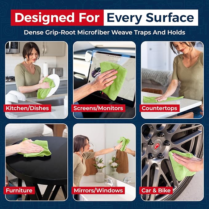 Microfiber Cleaning Cloth Light Green - 12 Pcs 12.5"x12.5" - High Performance - 1200 Washes, Ultra Absorbent Towels Weave Grime & Liquid for Streak-Free Mirror Shine - Car Washing Cloth