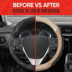 UltraSport Beige Carbon Fiber Steering Wheel Cover, Standard 15 inch Size, Black Faux Leather Comfort Grip, Car Steering Wheel Cover for Auto Truck Van SUV