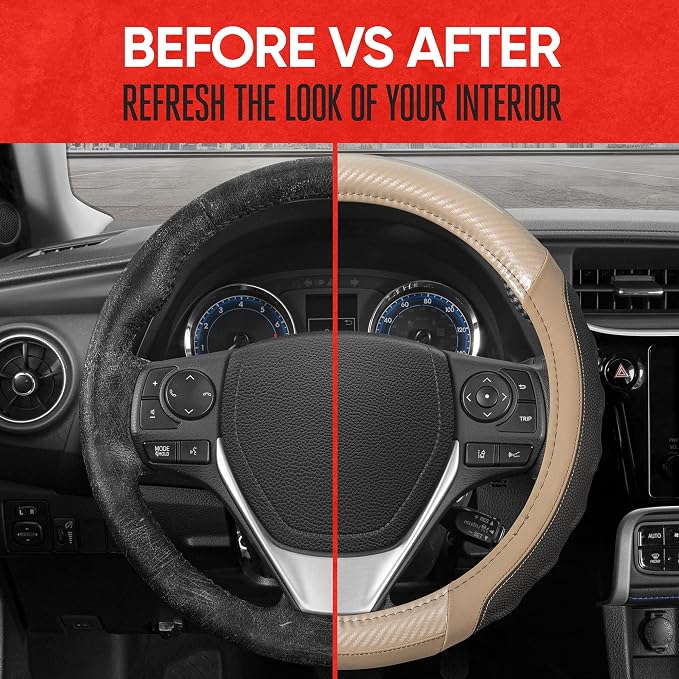 UltraSport Beige Carbon Fiber Steering Wheel Cover, Standard 15 inch Size, Black Faux Leather Comfort Grip, Car Steering Wheel Cover for Auto Truck Van SUV