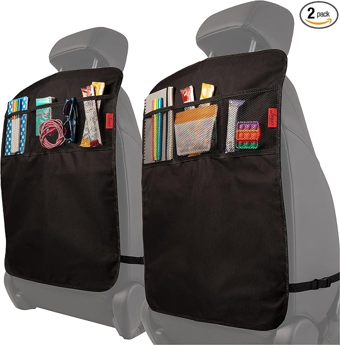 Seat Back Protector - 2-Pack Kids Kick Mat & Car Seat Organizer - Waterproof Oxford Backseat Cover - 3 Mesh Pockets for Car Organization, Black