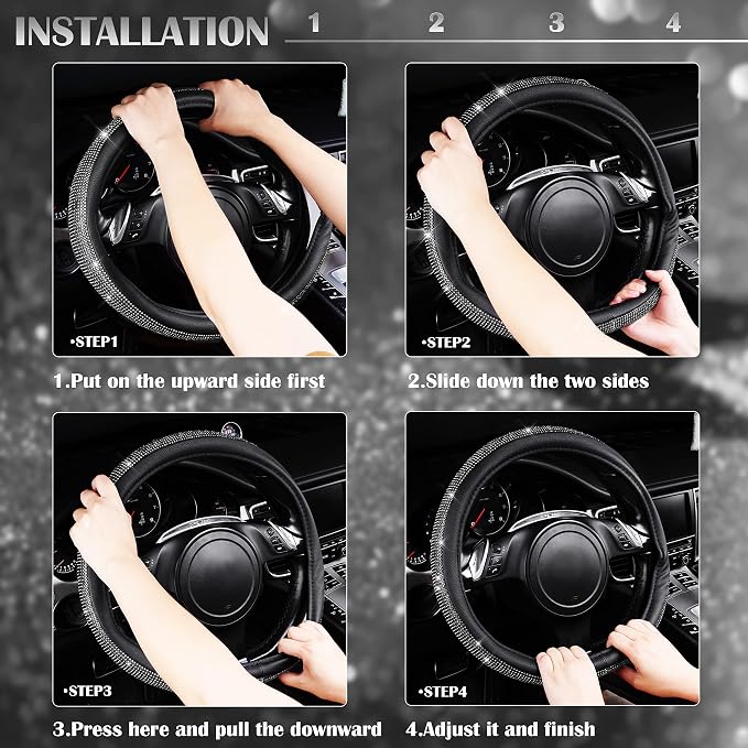 Diamond Black Leather Steering Wheel Cover, with Bling Crystal Rhinestones Universal Fit 14" 1/2-15" Crystal Glitter for Women Sparkle Girl Fit Suvs,Vans,Sedans,Cars,Trucks, White Diamond