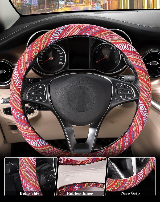 Boho Steering Wheel Cover with Baja Blanket Cloth, Ethnic Style Auto Wheel Cover Made of Coarse Flax, Fits 14 1/2-15 1/4 inches Car Wheel