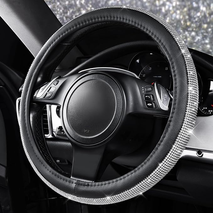 Bling Silver Diamond Leather Steering Wheel Cover, with Sparkly Crystal Glitter Rhinestone Universal Fit 13" 1/2-14" Small Car Wheel Protector for Women Girl Fit Car,SUV,Van,Sedan, Silver