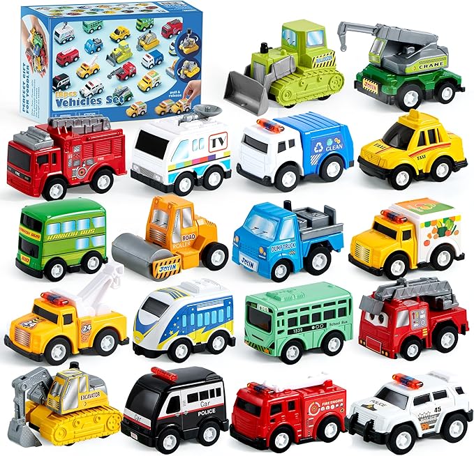 18 Pcs Pull Back City Cars and Trucks Toy Vehicles Set, Friction Powered Mini Cars Toys for Toddlers, Party Favors for Kids 3-5, Birthday Gifts for Boys and Girls, Goodie Bag Stuffers