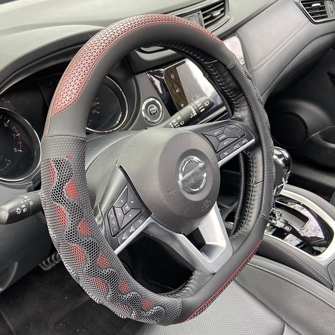 D Shaped 14 Inch Small Sized Steering Wheel Cover Great Grip with 3D Honeycomb Anti-Slip Design, Flat Bottom 14 Inch (Wine Red)