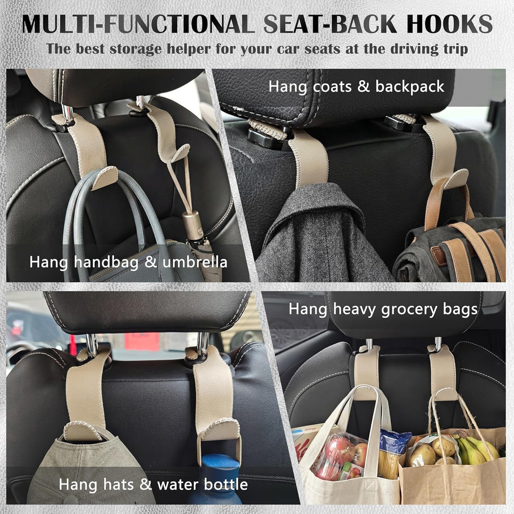 Car Headrest Hooks (4-Pack) — Leather Seat-Back Organizer Hangers