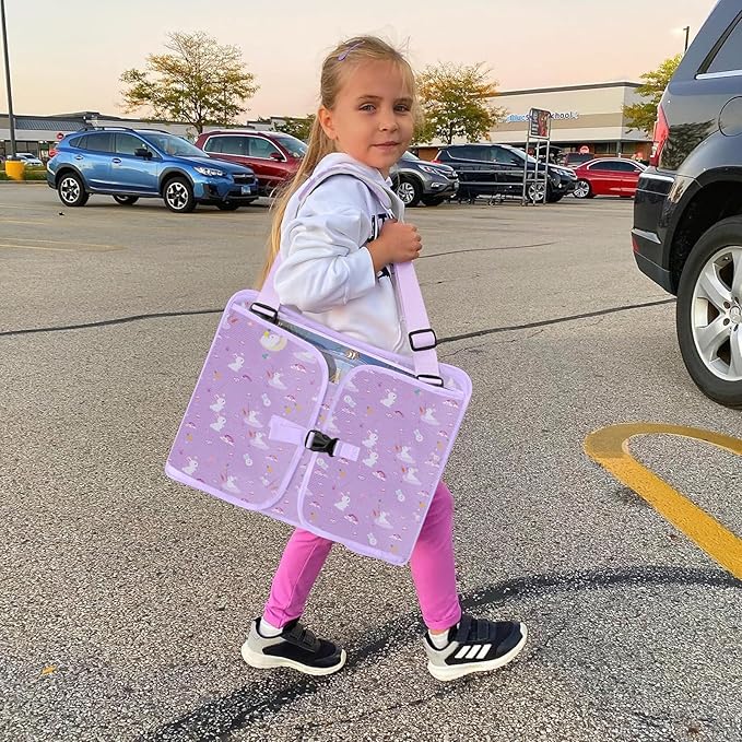 Kids Travel Tray for Car Seat, Road Trip Essentials Kids Lap Tray | Toddler Gift for Girl Activities with Dry Erase Board, No-Drop iPad Holder Stand, Cup Holder & Adjustable Strap, Purple