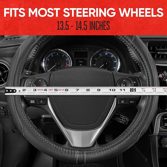 GripDrive Faux Black Leather Steering Wheel Cover for Car Truck Van SUV, Standard 15 inch Size, Gray Accent Stitched Car Steering Wheel Cover Vehicle & Auto Accessories