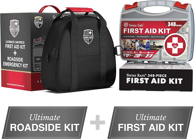 2-in-1 Car Emergency Kit | 12-FT Heavy-Duty Jumper Cables & 378-Piece Comprehensive Car First Aid Kit | Compact Roadside Auto Essentials for Vehicle Safety