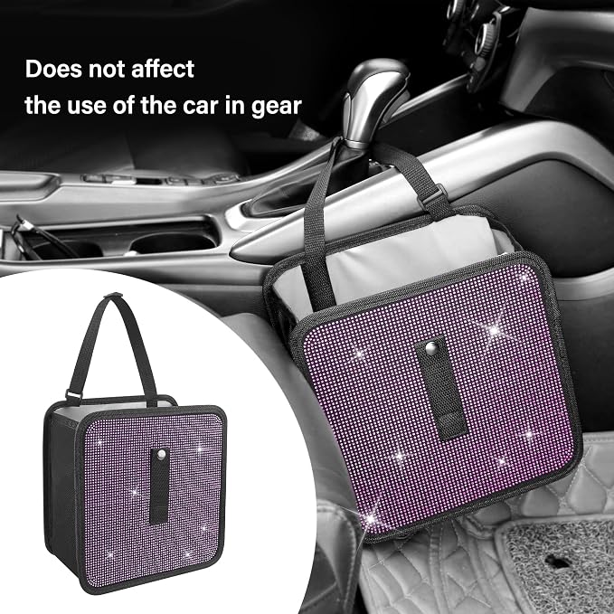Foldable Car Trash Cans with Rhinestone,Bling Car Trash Bin for Seat Organizer & Decorations,Universal Bling Auto Accessories Vehicle Trash Can for Most Vehicles,SUVs,Trucks (Pink)