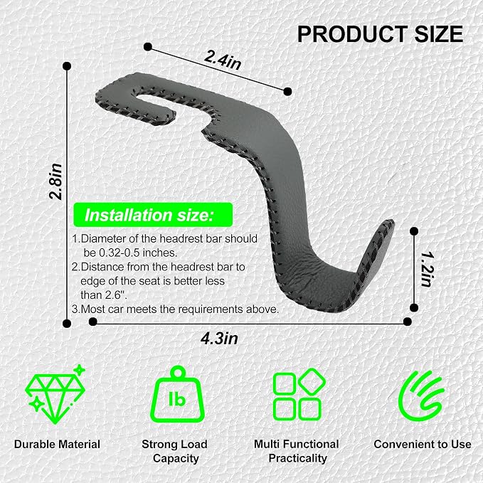 Car Seat Headrest Hook, Universal Vehicle Storage Hanger, Leather with Metal Car Seat Back Organizer for Handbag, Purse, Coat, Ergonomic Design, Gray 4 Pack
