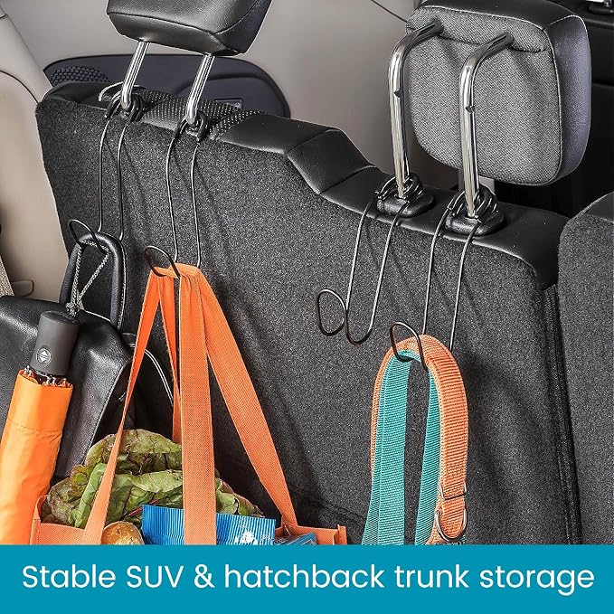 Metal Car Hooks for Purses and Bags - Large Hooks Won't Slip Off or Rattle | 2-pack Car Headrest Hooks Fit All Sized Metal Posts - Secure Attachment Holds Multiple Bags, Wide Straps and Hard Hats