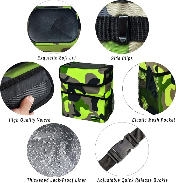 Cute Car Trash Can with Lid – Multipurpose Collapsible Trash Bin for Car, Leak-Proof Organizer, Waterproof Garbage Can with Storage Pockets & Adjustable Straps, 2 Gallons (Camo Green)