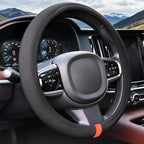 15" Universal Cooling Steering Wheel Cover, Microfiber Non-Slip Breathable Cooling Steering Wheel Protector with Silicone Inner Ring for Round/D Shape, Warm in Winter Cool in Summer, Black Orange