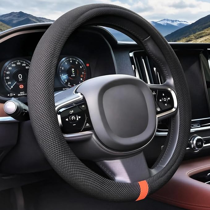 15" Universal Cooling Steering Wheel Cover, Microfiber Non-Slip Breathable Cooling Steering Wheel Protector with Silicone Inner Ring for Round/D Shape, Warm in Winter Cool in Summer, Black Orange
