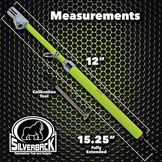Silverback Hi-Visibility Green Dual Foot Commercial Truck Tire Pressure Gauge, Recalibratable. Heavy Duty Stick Gauge with Black Metal Bar, Range 10-150 PSI in 2 PSI Increments.
