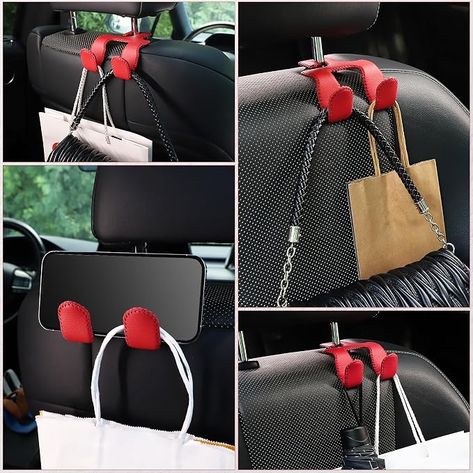 Upgraded Superior Leather Car Seat Back Headrest Hook, 2 in 1 Auto Seat Hook Hangers Holder Organization Interior Accessories for Purses Coats Umbrellas Grocery Bags Handbag (Red)