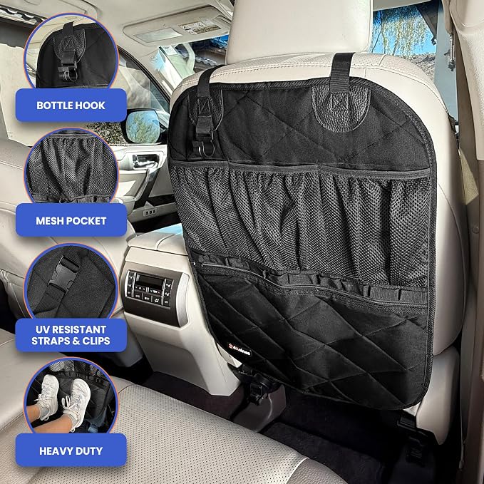 Car Seat Back Organizer – Heavy-Duty Kick Mat w/Mesh Storage Pockets, Bottle Hook – UV-Resistant Hardware – Waterproof Backseat Organizer for Kids & Pets – Fits SUVs, Trucks, Cars – Black