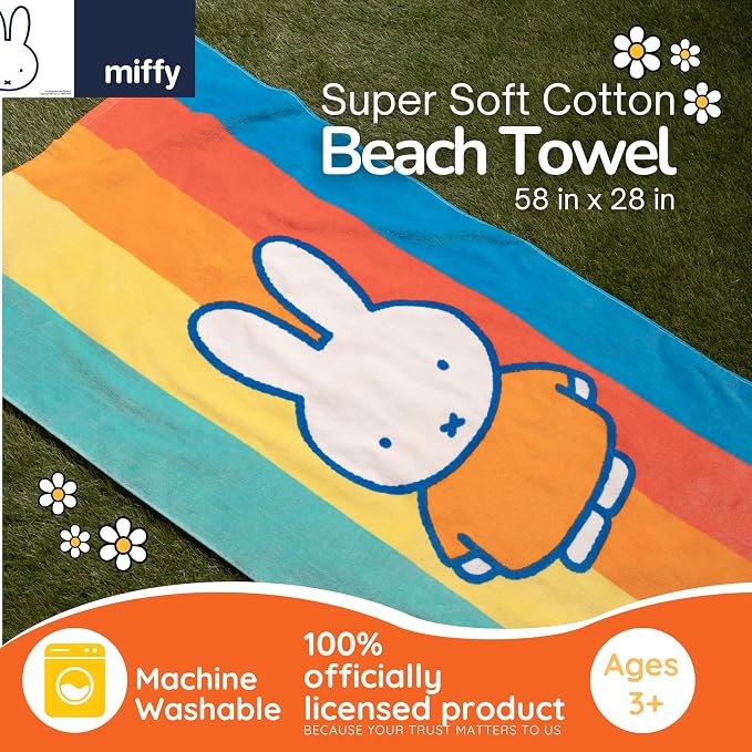Miffy Kids Cotton Beach Towel, 58 x 28 Inch, Soft & Absorbent Pool, Bath & Beach Towel (Officially Licensed Product) by