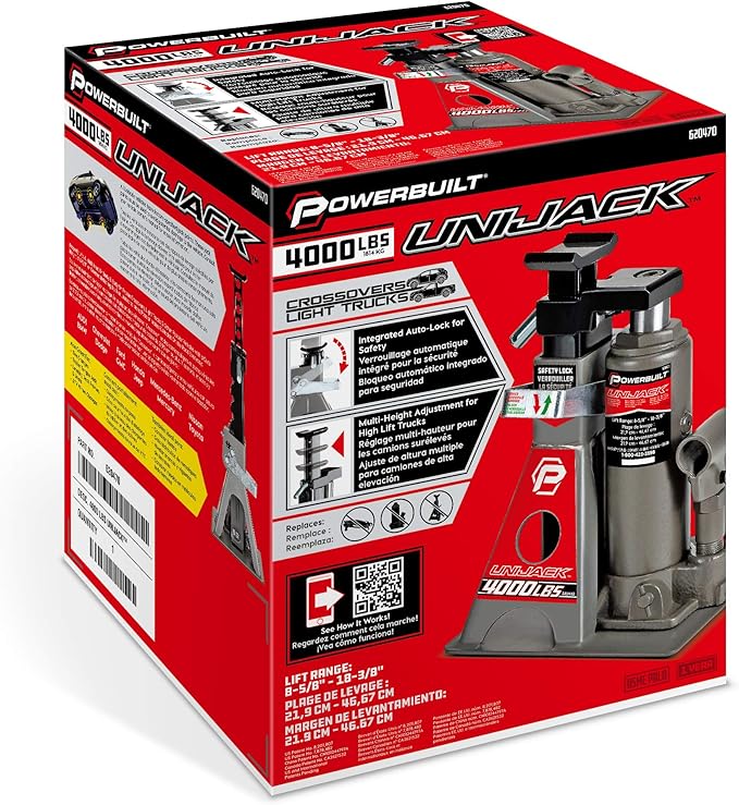 Powerbuilt 2 Ton UniJack Combination Hydraulic Bottle Jack / Jackstand in 1 Unit, Compact, Portable, Wide Base, for Unibody Sedans, CUVs, SUVs, Cars, - 620470
