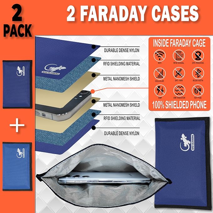 Faraday Bag for Phones & Key Fobs – RFID Shielding Privacy Pouch for Electronic Device Storage, Faraday Sleeve for Personal Data Protection (2 PACK - BLUES)