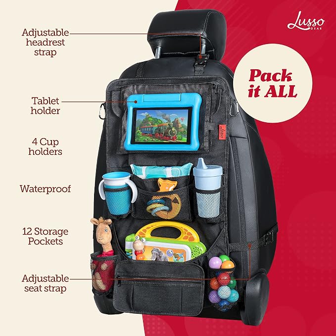 Heavy Duty Back Seat Car Organizer Extra Large for Powerful Protection, Sag Proof & Reinforced Corners, Protects iPad & Backseat, 12 Versatile Car Seat Organizer Storage Compartments, (Red)