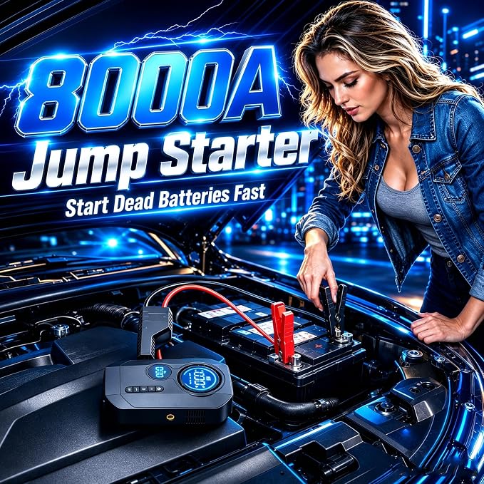 8000A Jump Starter with Air Compressor, Portable Tire Inflator, German-Tech Fast-Charging Power Bank Car Battery Booster for Car Owners Camping, Road Trips, Family Safety & Gift Giving (A3)