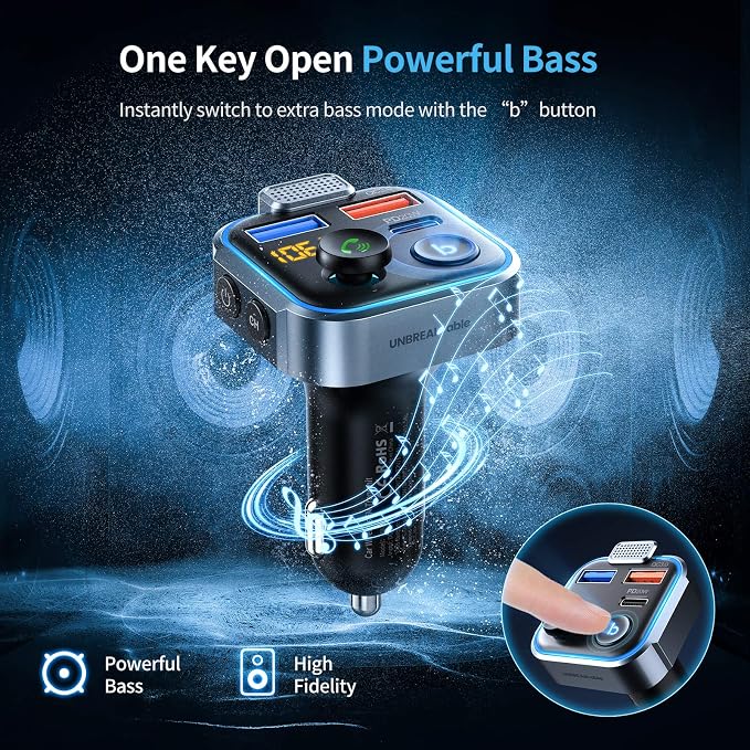 Bluetooth 5.3 FM Transmitter for Car, [PD 20W + QC 3.0] [Stronger Microphone & HiFi Bass Sound] Cigarette Lighter Radio Music Adapter Charger, Supports Hands-Free Siri Google Assistant