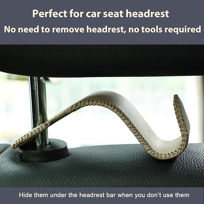 Car Seat Headrest Hook 4 Pack Metal Core Hanger Universal Car Storage Organizer for Handbag Purse Coat S Type Leather Beige