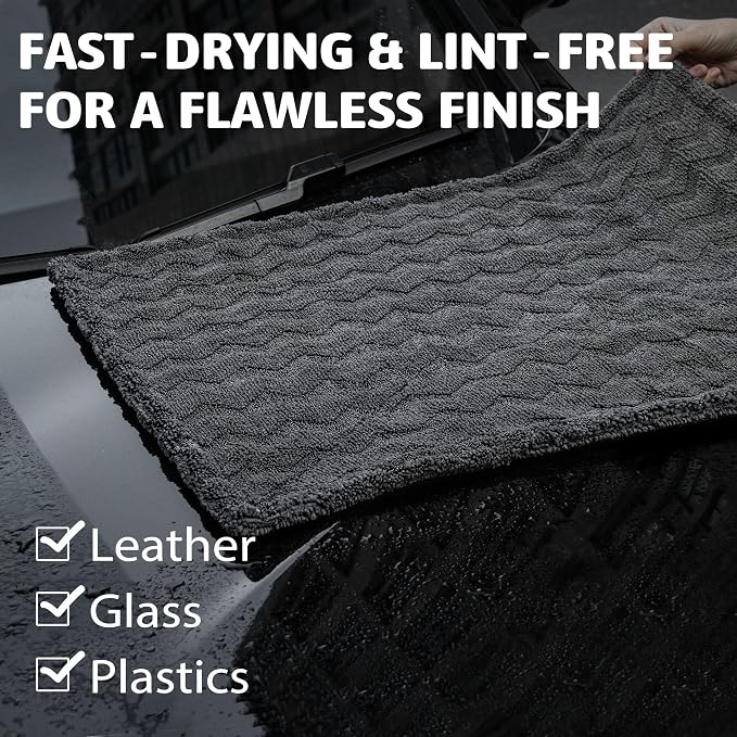 1000GSM Car Drying Towel 18"x24", Edgeless Double Twist Pile, Ultra Absorbent Microfiber Towel, Scratch-Free Lint-Free Streak-Free for Auto Detailing & Car Wash – Check Silver&Grey