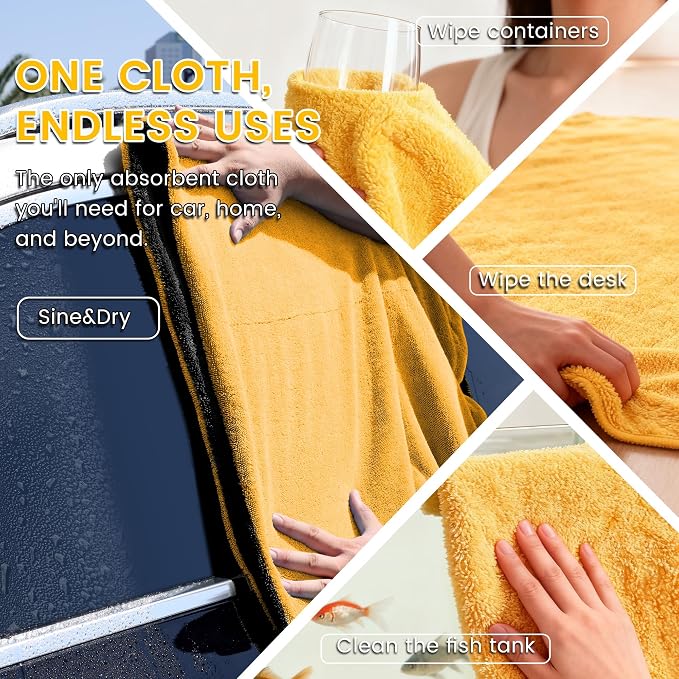 PUGPIU 1400GSM Large Microfiber Car Drying Towel Detailing 24"x36" | XL Super Absorbent Microfiber Towels - Edgeless with Twisted Loop - No Lint Streak for SUV Truck Car Detailing (Yellow)