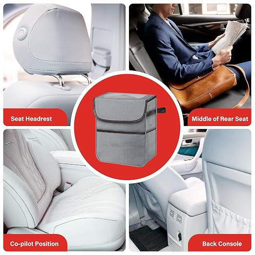 2 Gallon Car Trash Can Lid and Storage Pockets, Leak-Proof Collapsible and Portable Organizer, Multipurpose Garbage Bin with Adjustable Straps, Grey (Pack of 2)