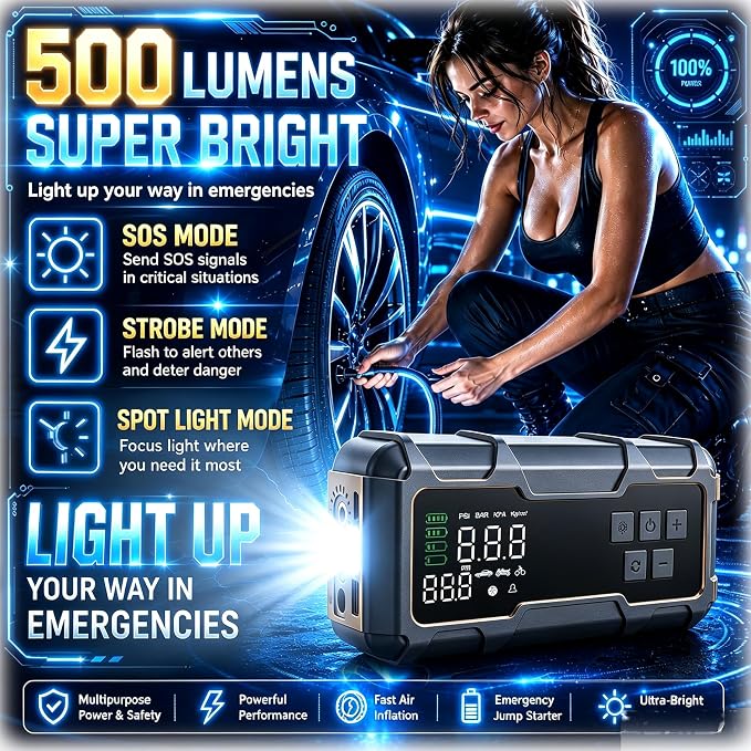 8000A Jump Starter with Air Compressor, Portable Tire Inflator, German-Tech Fast-Charging Power Bank Car Battery Booster for Car Owners Camping, Road Trips, Family Safety & Gift Giving (A3)