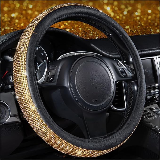 Rhinestones Diamond Bling Steering Wheel Cover, Universal Fit for SUV,Vans,Sedan,Car,Truck 14.5-15inch Universal Fit (Golden) Crystal Glitter for Women Sparkle Girly Sparkling Gold Shining